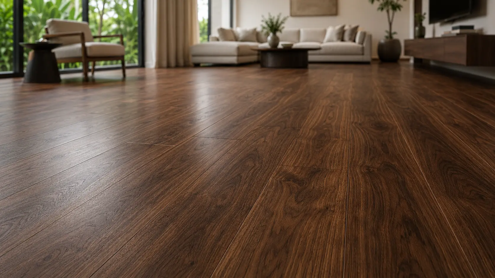 Low-angle view across installed Burmese Walnut timber flooring