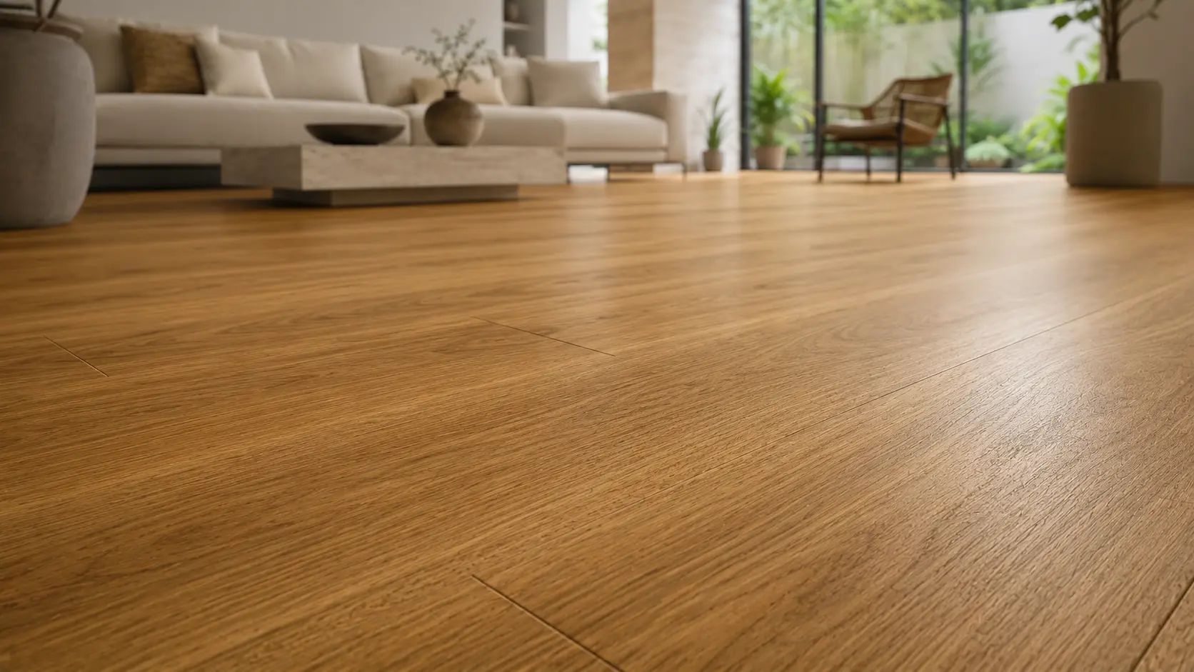 Low-angle view across installed Laos Teak timber flooring