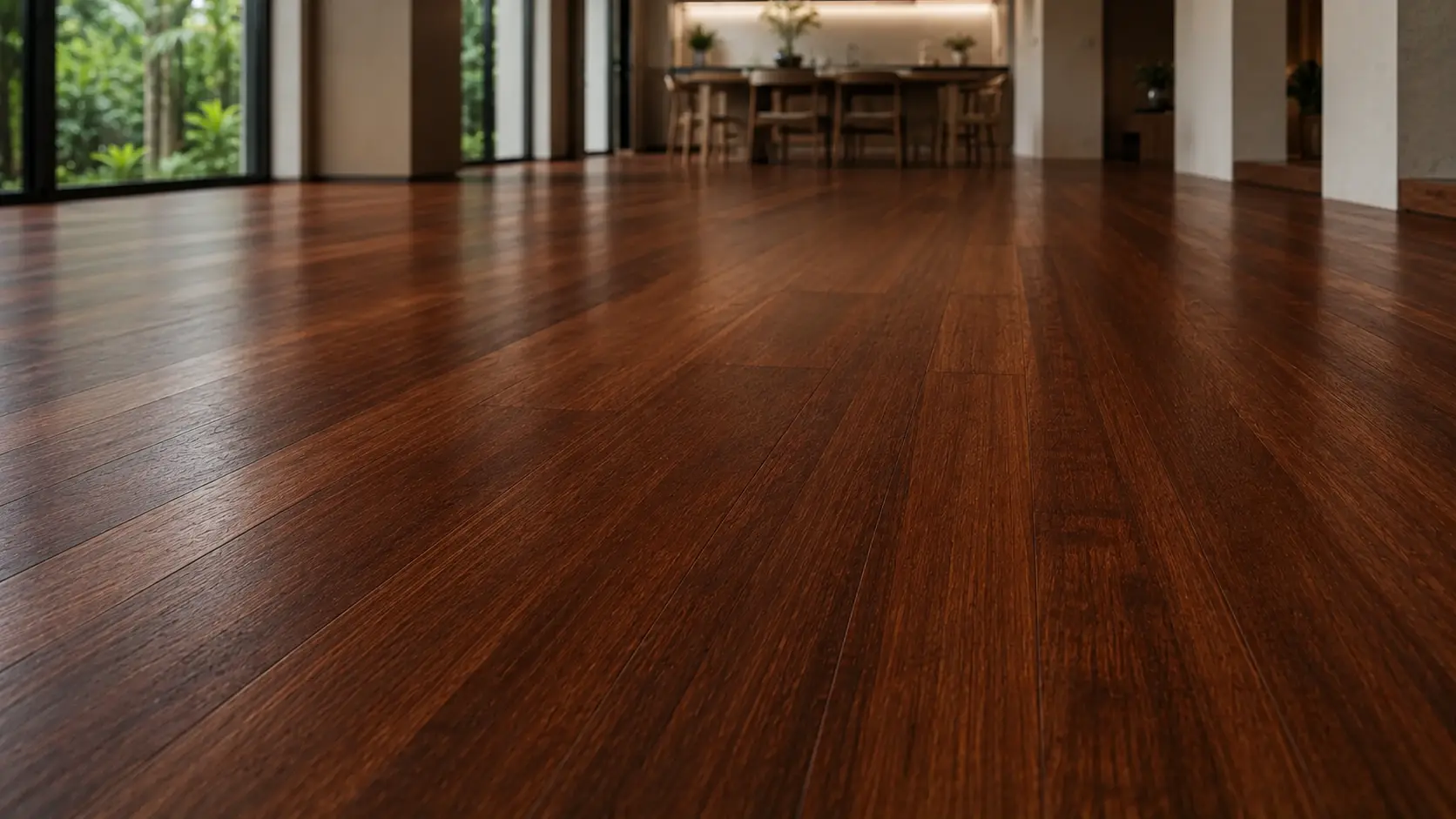 Low-angle view across installed Merbau timber flooring