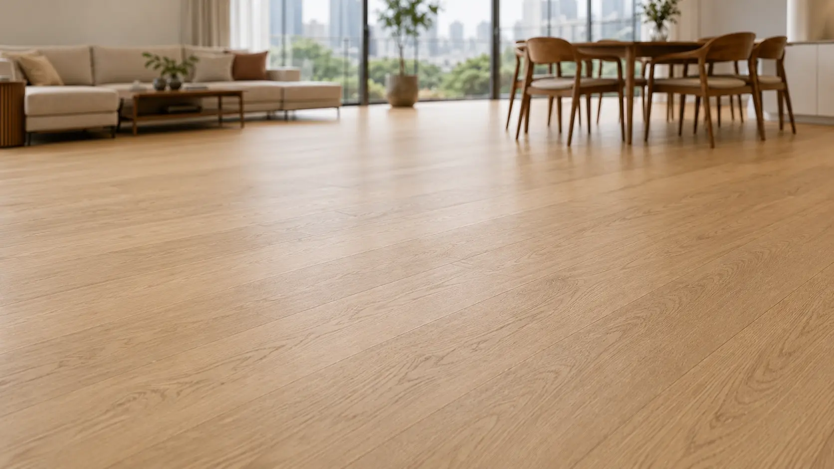 Low-angle view across installed White Oak timber flooring